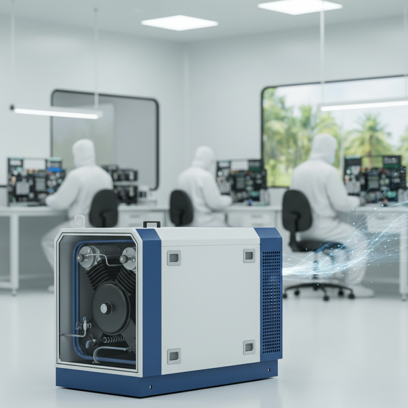 An oil-free air compressor in a sterile cleanroom environment, representing medical and electronics manufacturing in Penang