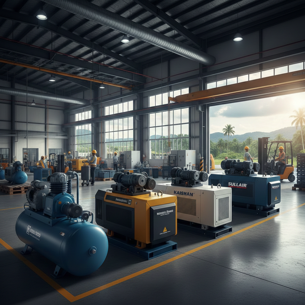 A variety of industrial air compressors displayed inside a modern manufacturing warehouse in Penang.