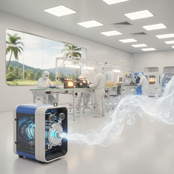 A cleanroom production line in Penang featuring an oil-free air compressor providing high-purity air for electronics manufacturing.