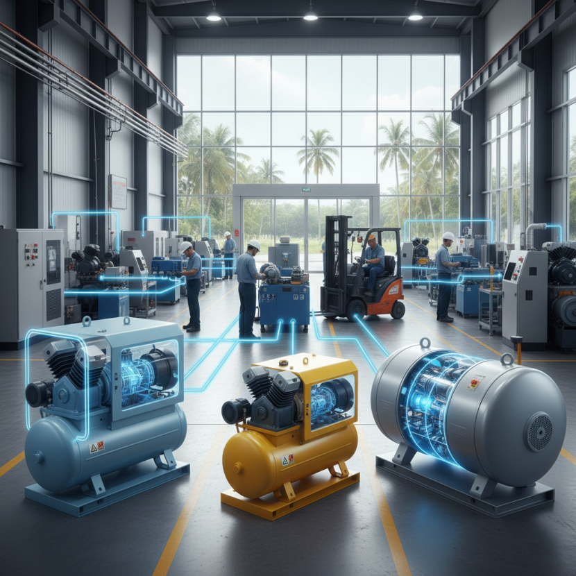 Various industrial air compressors shown with blue light overlays to represent energy efficiency and automation in a Penang factory.