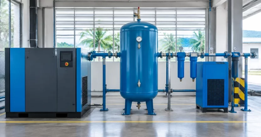 Air receiver tank connected to a rotary screw compressor and air treatment equipment in an industrial compressor room.