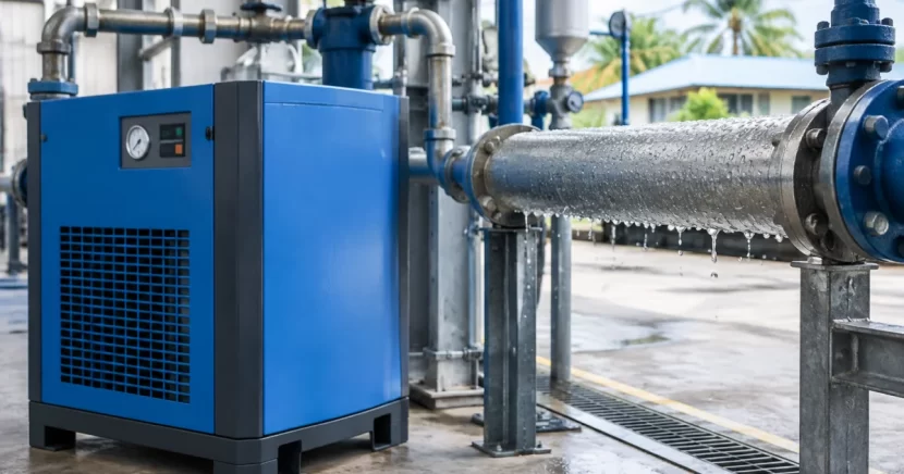 Compressed air dryer next to piping with visible condensation indicating moisture issues.