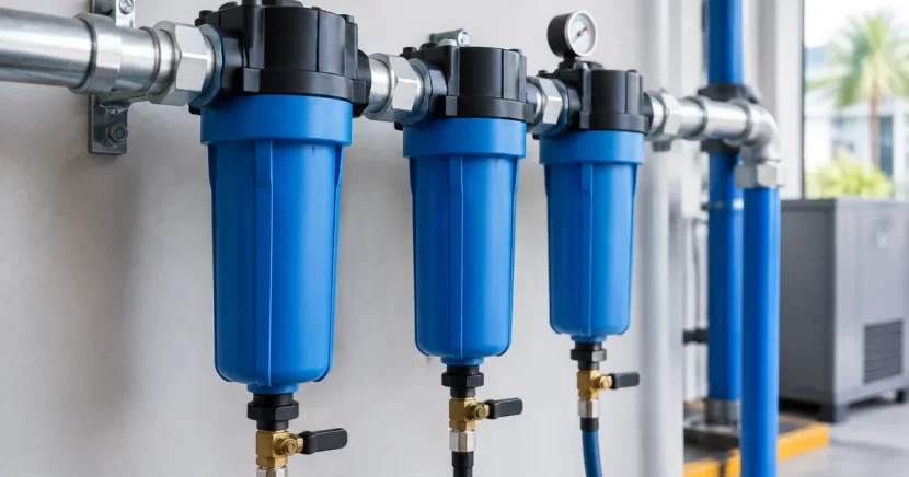 Inline compressed air filter housings installed in series with piping and drain lines.
