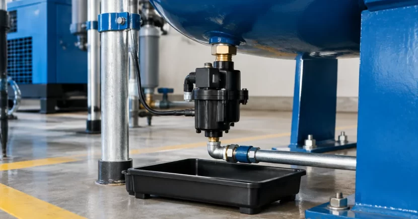 Automatic condensate drain installed under compressed air equipment with a collection container.