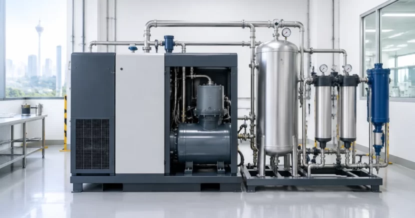 Oil-free air compressor setup with stainless piping and air treatment equipment in a clean utility room.